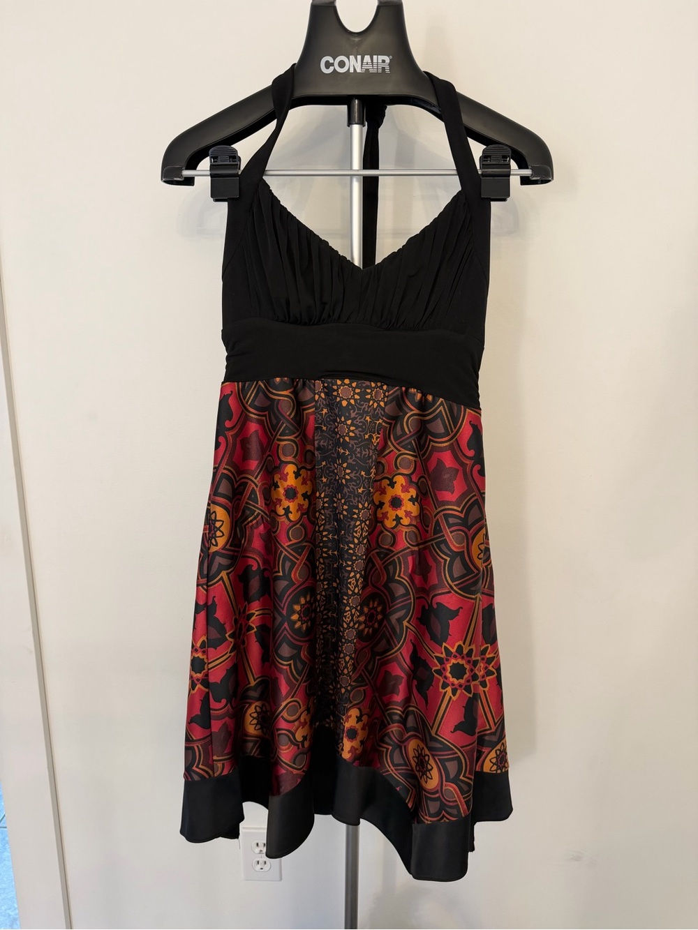 Black Halter Empire-Waist Dress with Red Patterned Skirt